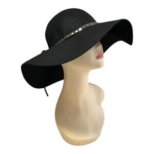 D&Y Black Wool Wide Brim Floppy Hat Studded Band Boho Western Festival, Bohemian
